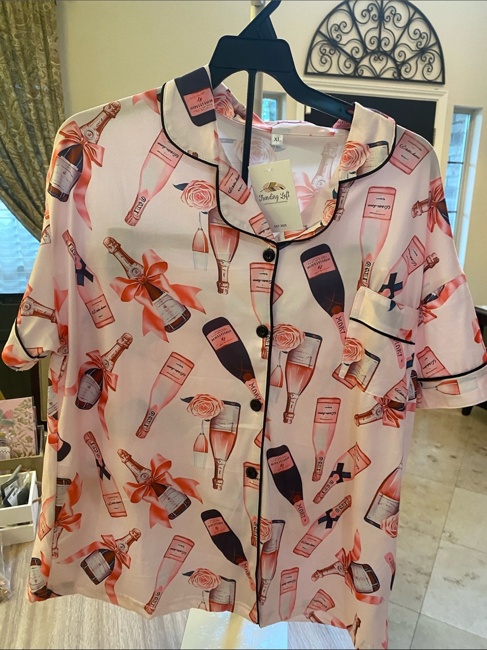 Pink Champagne Bottle & Glass Print Button-Up Top and bottom shorts.